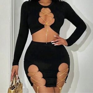 SHEIN Black Mini Skirt with Gold Chain Cutouts